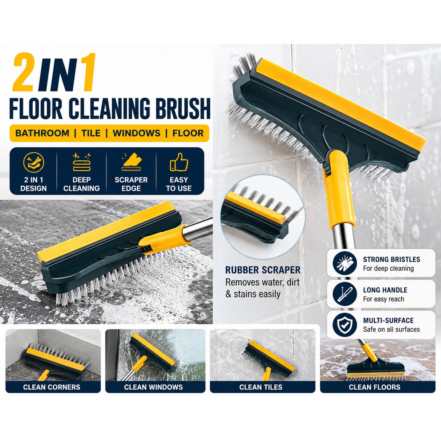 2 in 1 Floor Cleaning Brush Bathroom Tile Windows Floor Cleaning Brush with 120° Rotatable Head